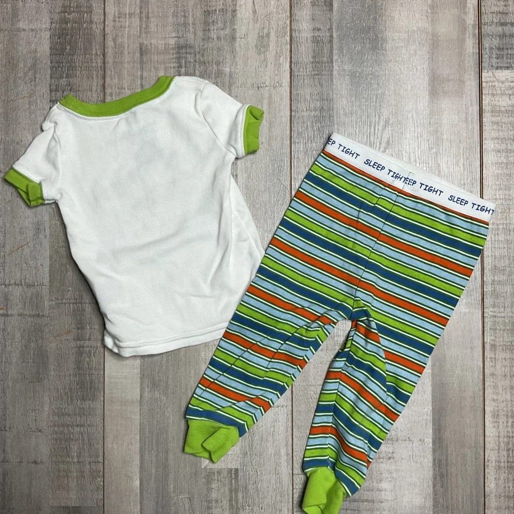 Faded Glory Boys Organic Cotton Alligator Pajama Set White Green Striped 6-9M